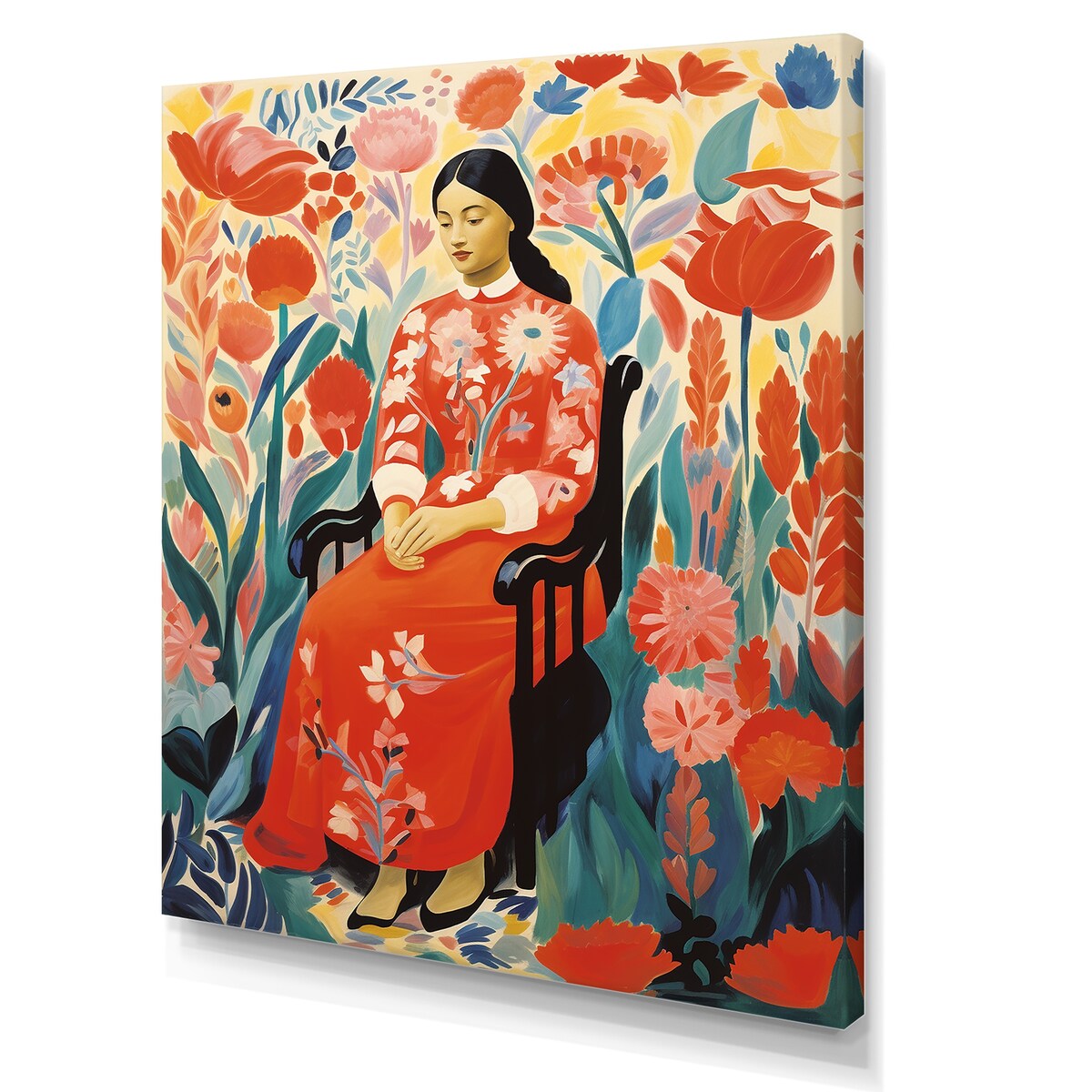 Designart "Mexican Floral Woman Portrait I" Woman Mexican Wall Art Red - Modern Wrapped Canvas For Hallway Décor