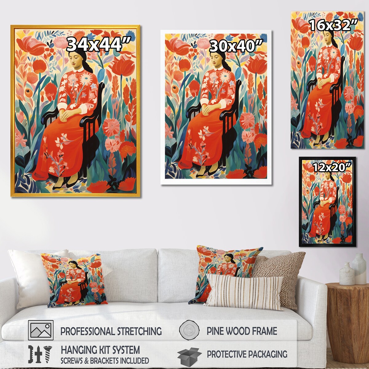 Designart "Mexican Floral Woman Portrait I" Woman Mexican Wall Art Red - Modern Wrapped Canvas For Hallway Décor