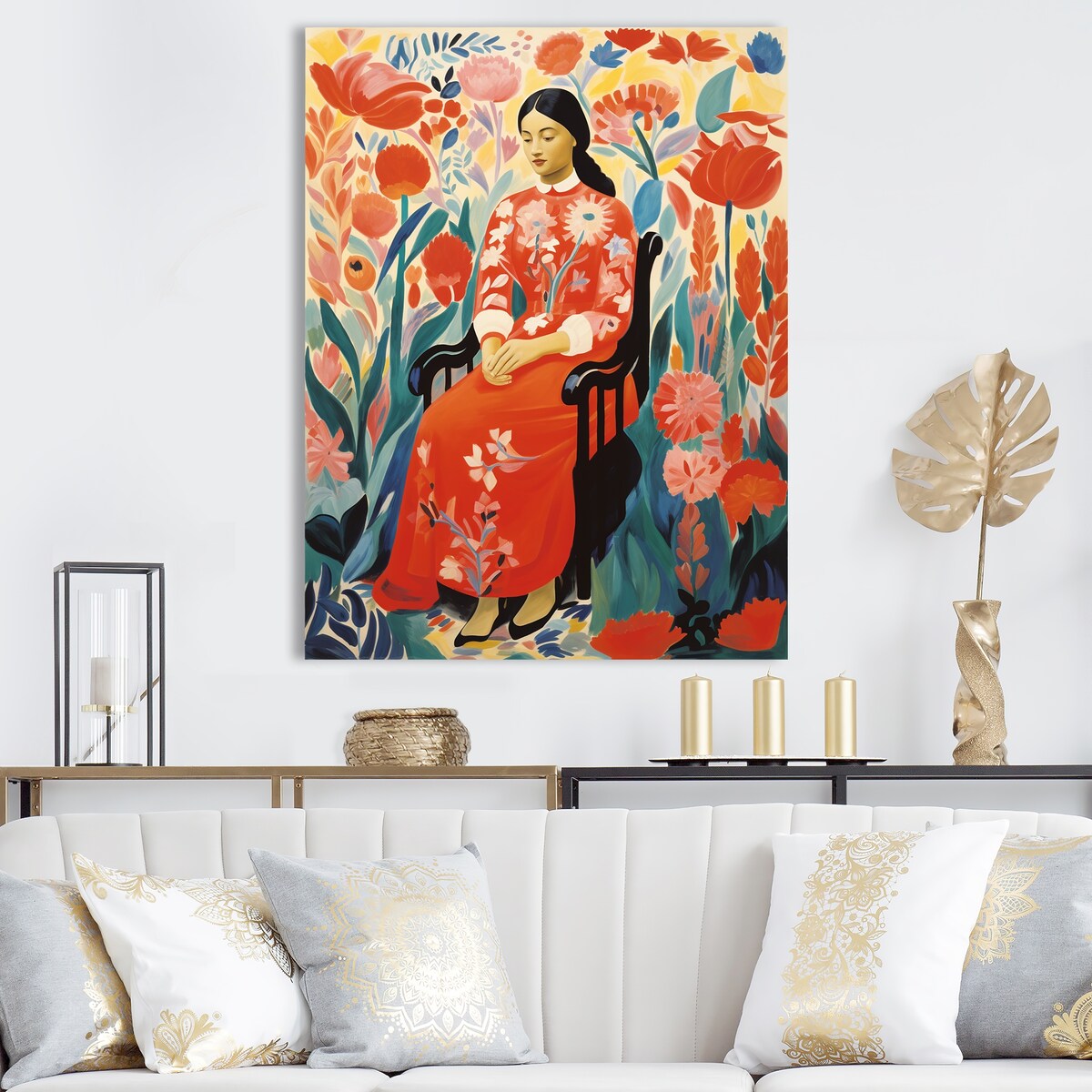 Designart "Mexican Floral Woman Portrait I" Woman Mexican Wall Art Red - Modern Wrapped Canvas For Hallway Décor