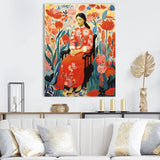 Designart "Mexican Floral Woman Portrait I" Woman Mexican Wall Art Red - Modern Wrapped Canvas For Hallway Décor