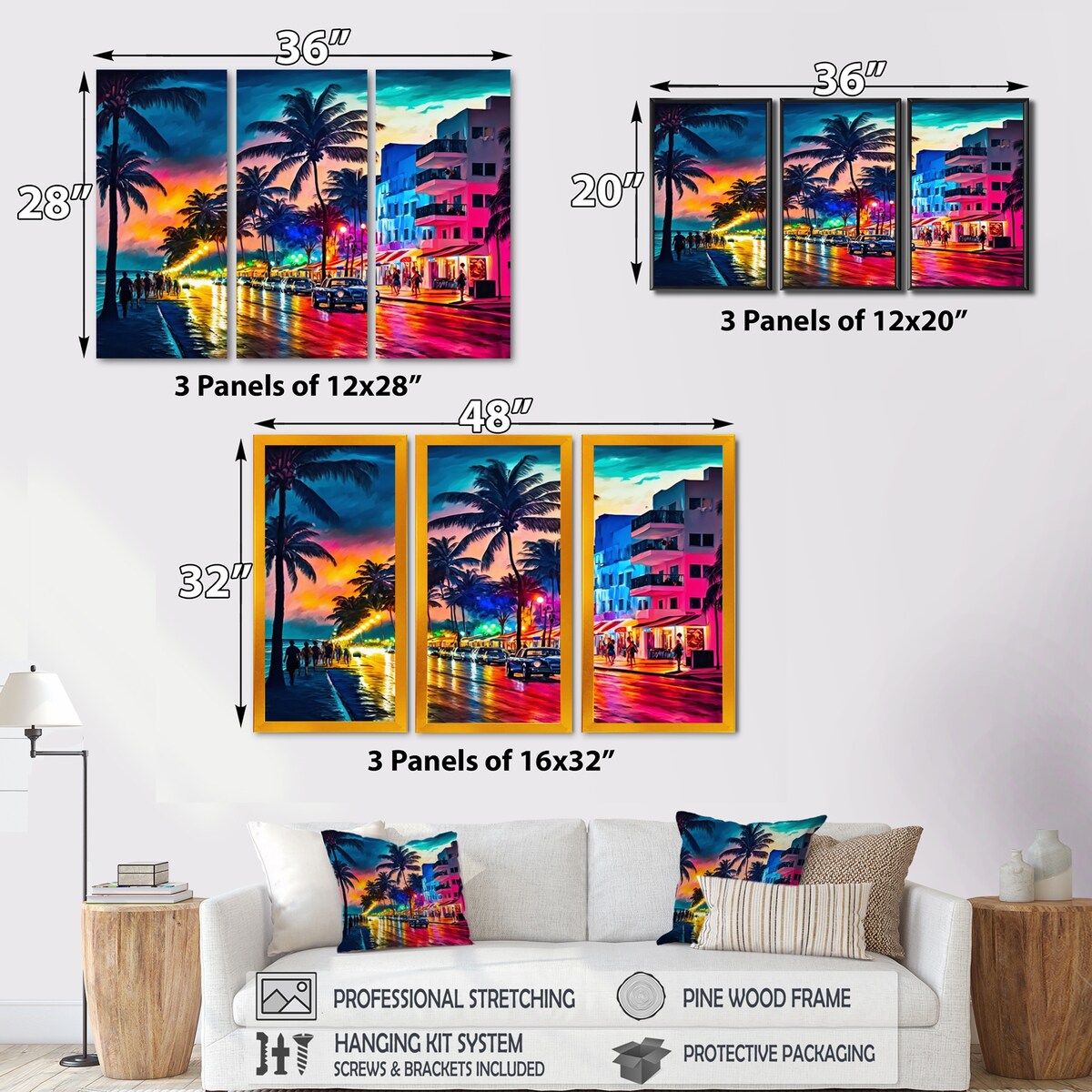 Designart "Miami Beach Holidays 3 Architecture" City Miami Canvas Art Print - 3 Panels