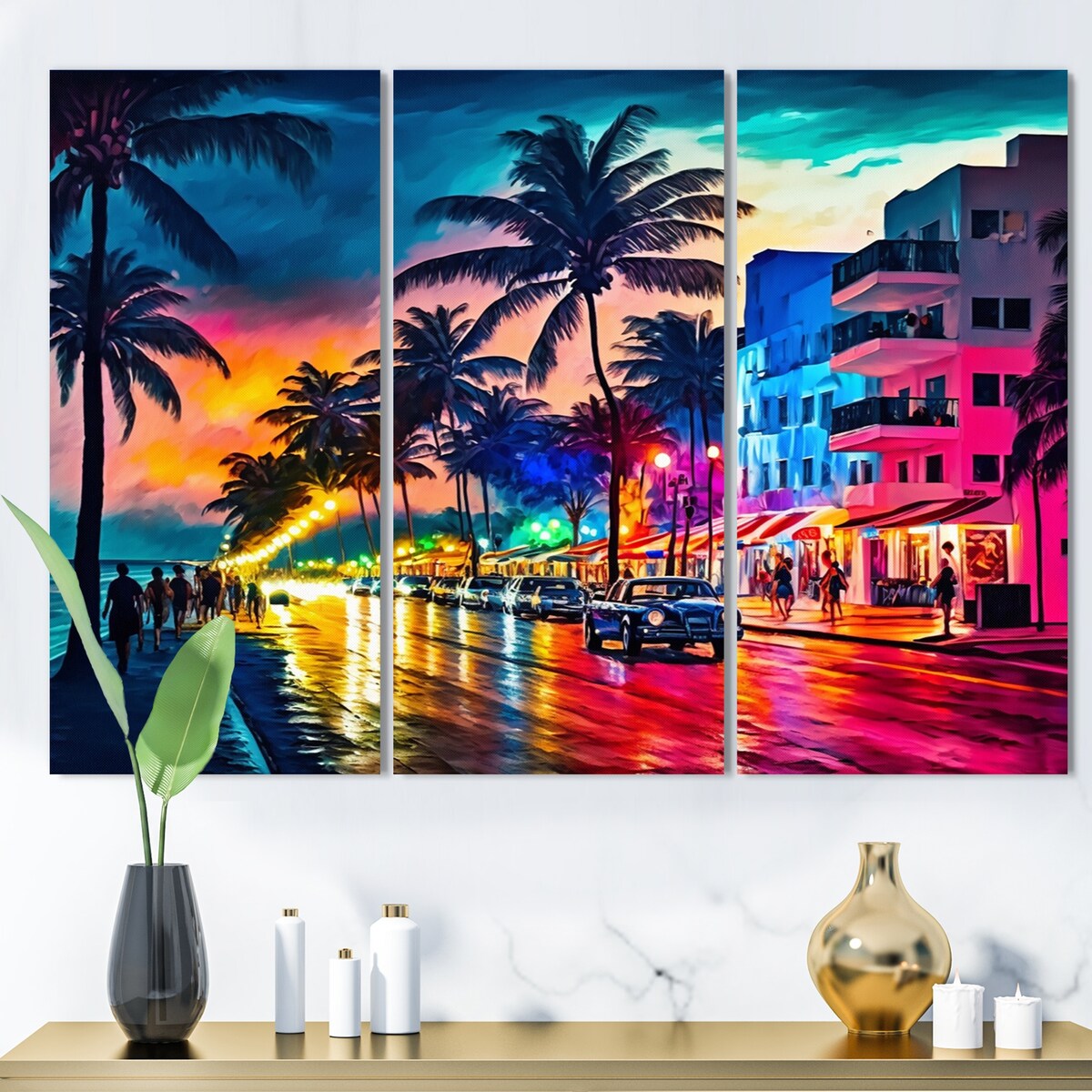 Designart "Miami Beach Holidays 3 Architecture" City Miami Canvas Art Print - 3 Panels