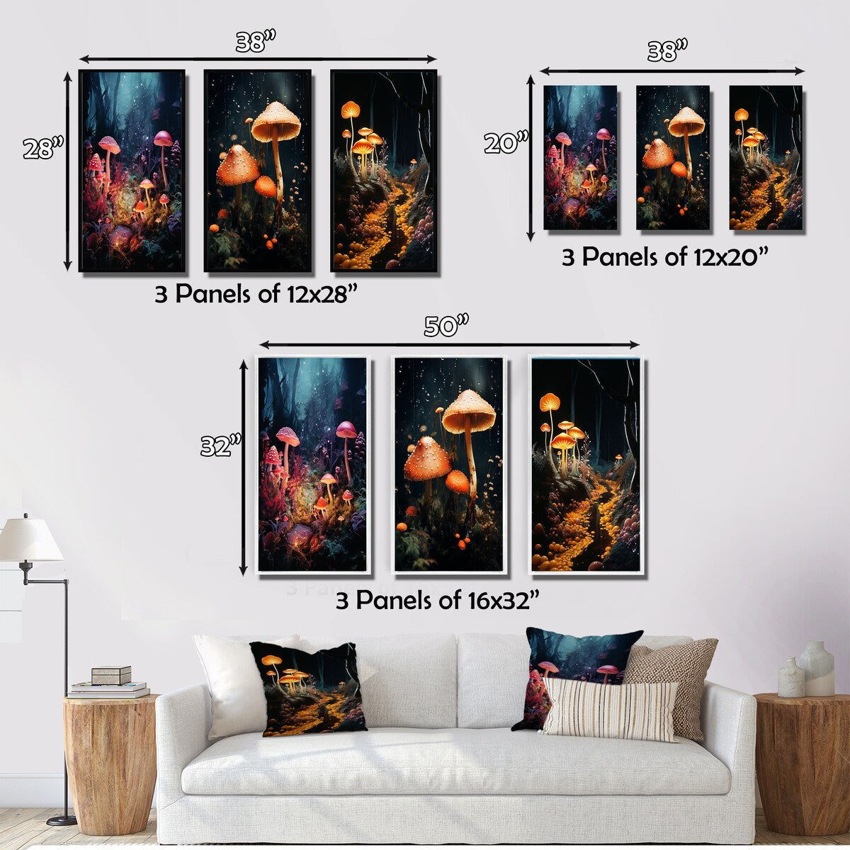 Designart "Midnight Magic In Enchanted Mushroom Forest III" Mushroom Pink - Printed Art Set Of 3 For Bedroom