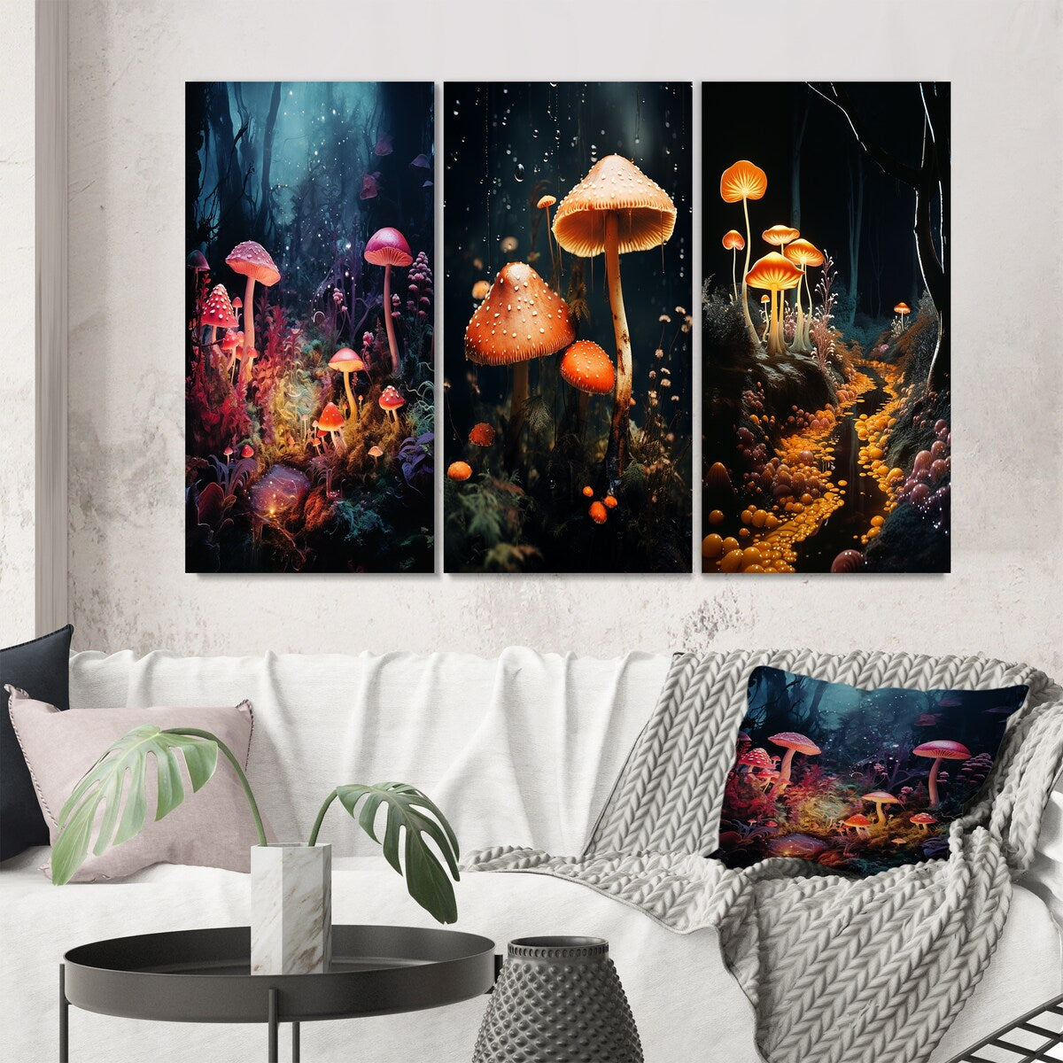 Designart "Midnight Magic In Enchanted Mushroom Forest III" Mushroom Pink - Printed Art Set Of 3 For Bedroom
