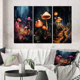 Designart "Midnight Magic In Enchanted Mushroom Forest III" Mushroom Pink - Printed Art Set Of 3 For Bedroom