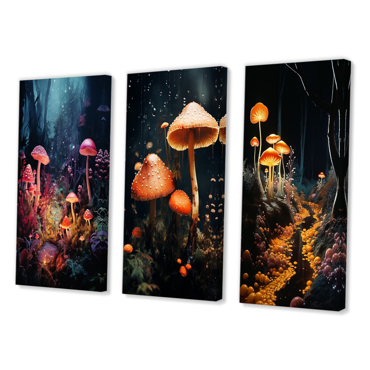 Designart "Midnight Magic In Enchanted Mushroom Forest III" Mushroom Pink - Printed Art Set Of 3 For Bedroom