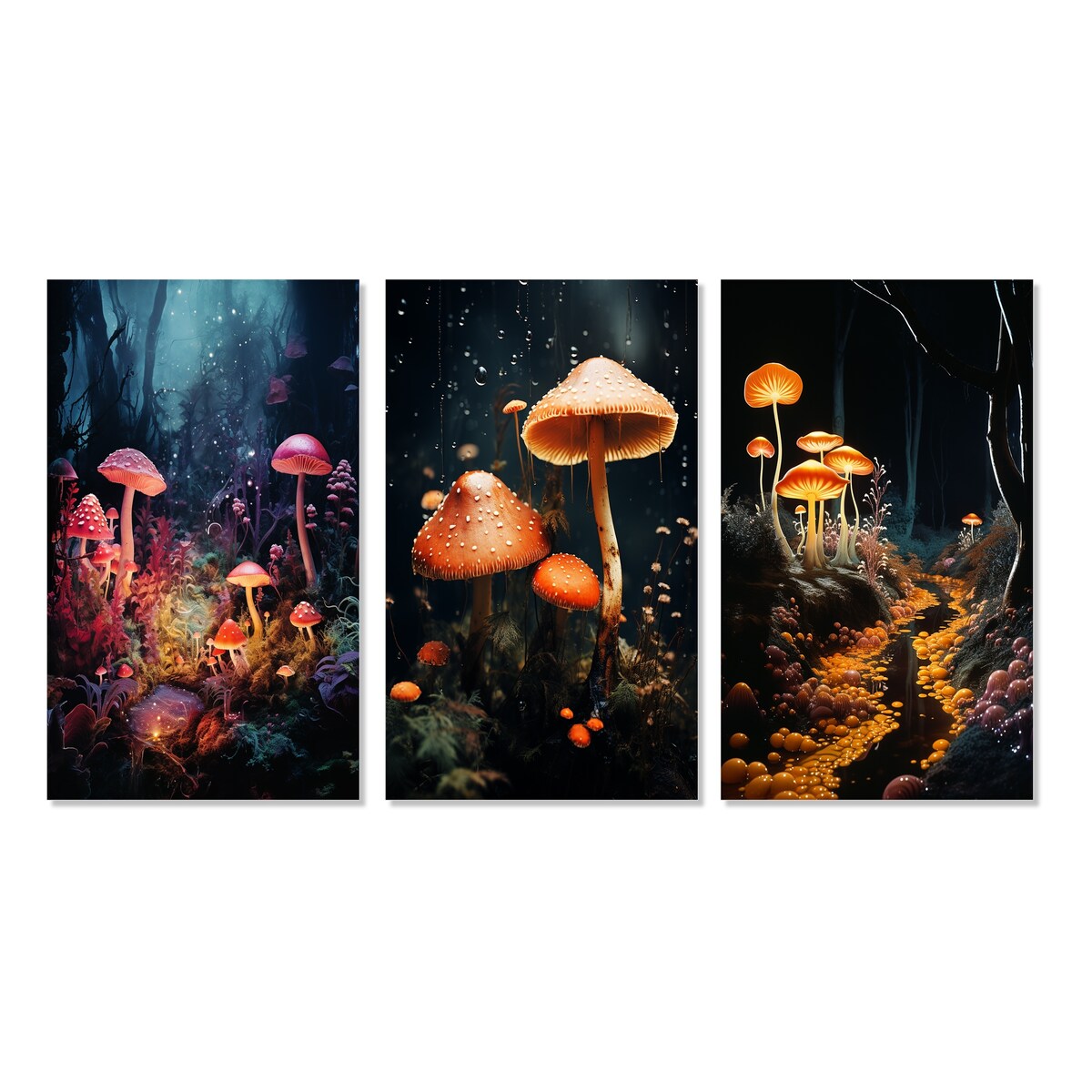 Designart "Midnight Magic In Enchanted Mushroom Forest III" Mushroom Pink - Printed Art Set Of 3 For Bedroom