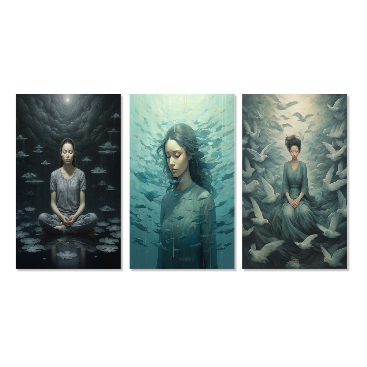 Designart "Mindfulness Gracious Woman Meditation III" Meditation Blue - Gallery Set Of 3 For Office Decor