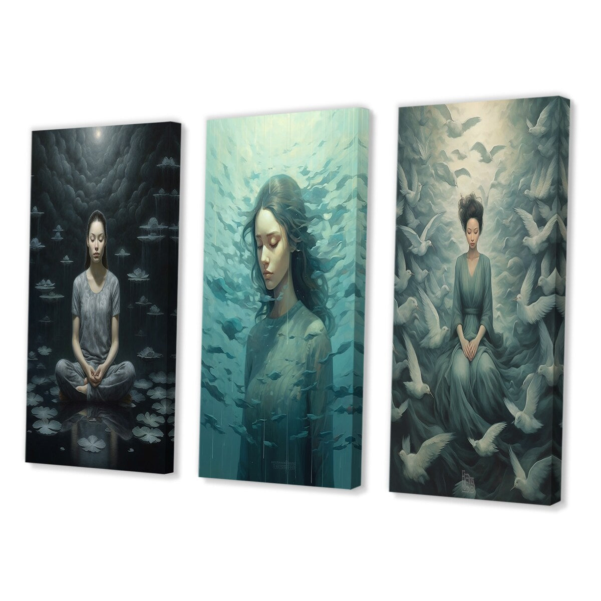 Designart "Mindfulness Gracious Woman Meditation III" Meditation Blue - Gallery Set Of 3 For Office Decor