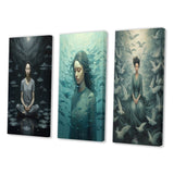 Designart "Mindfulness Gracious Woman Meditation III" Meditation Blue - Gallery Set Of 3 For Office Decor
