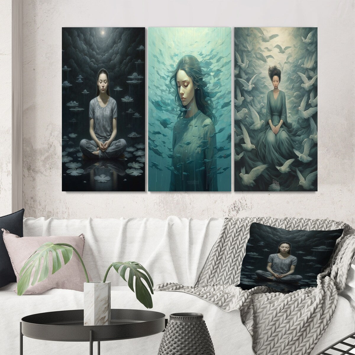 Designart "Mindfulness Gracious Woman Meditation III" Meditation Blue - Gallery Set Of 3 For Office Decor