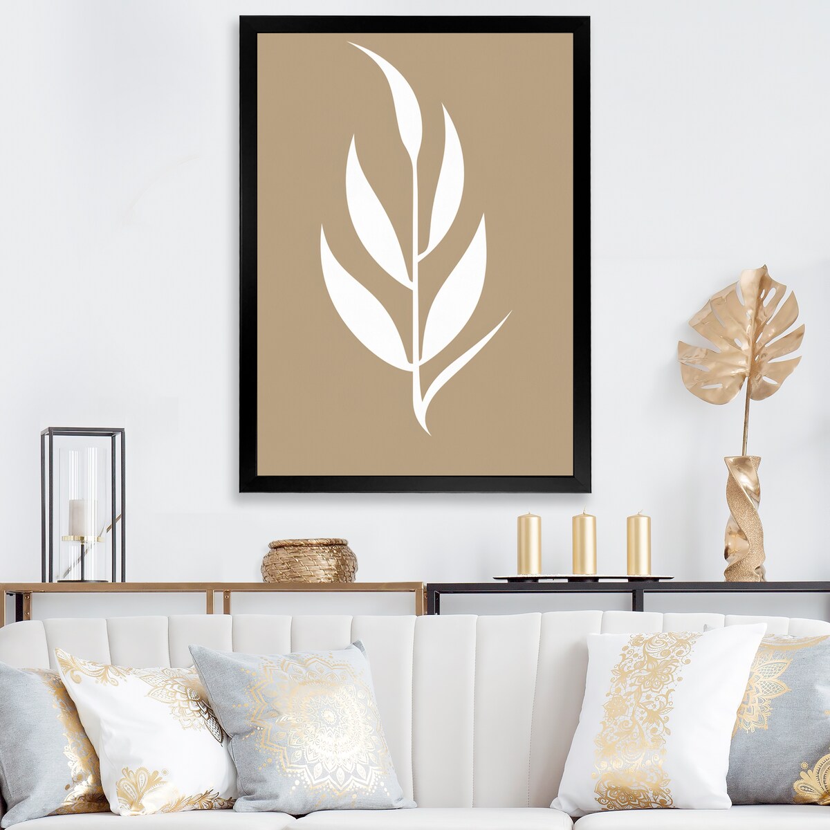 Designart "Minimal Botanicals Single Leaf On Beige" Flowers Framed Canvas Art Print