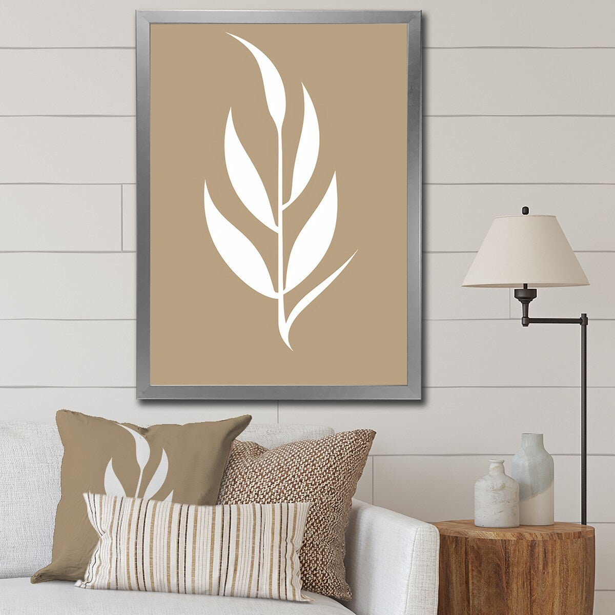 Designart "Minimal Botanicals Single Leaf On Beige" Flowers Framed Canvas Art Print