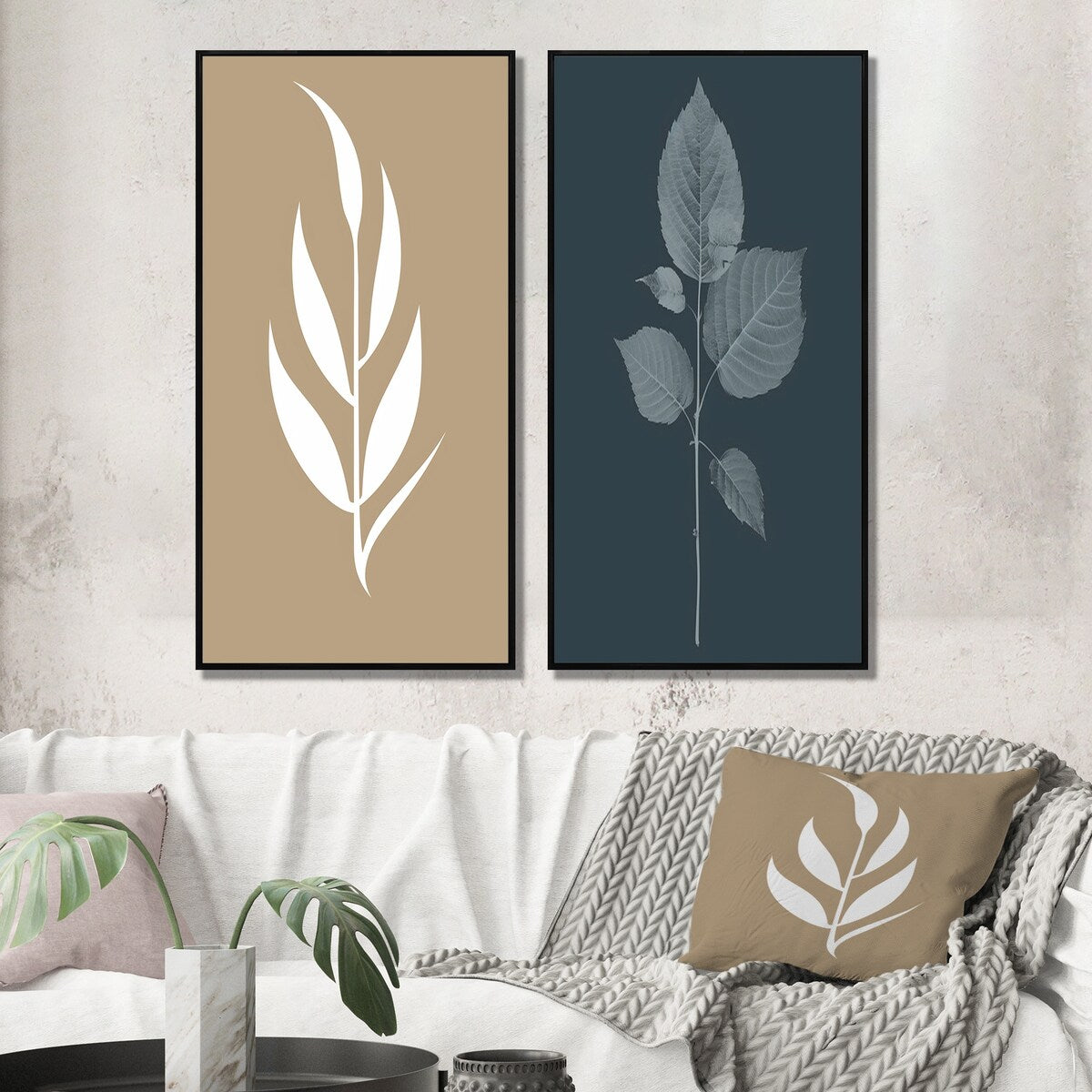Designart "Minimal Botanicals Single Leaf On Beige" Flowers Framed Wall Art Traditional Gallery Wall Set For Home Decor
