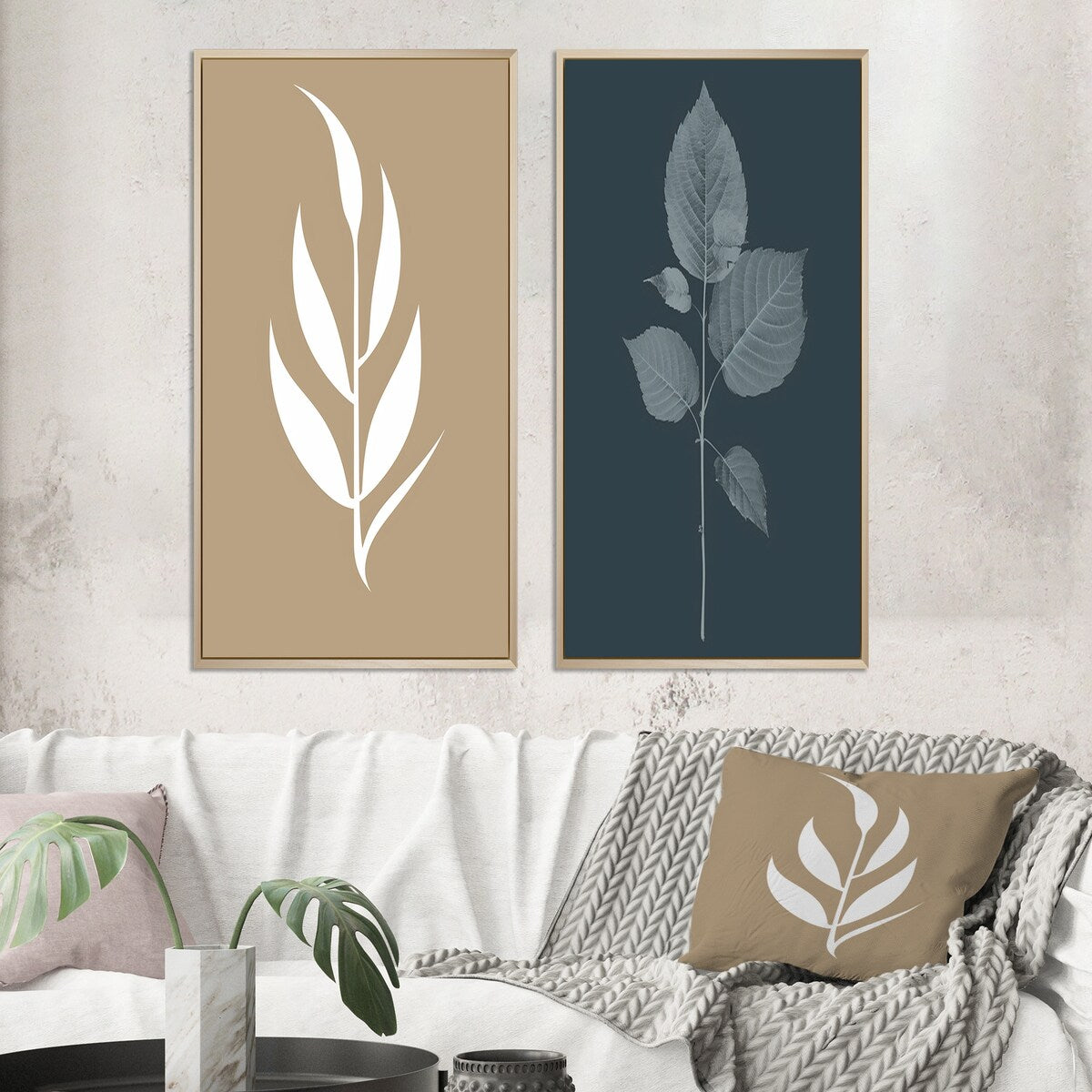Designart "Minimal Botanicals Single Leaf On Beige" Flowers Framed Wall Art Traditional Gallery Wall Set For Home Decor