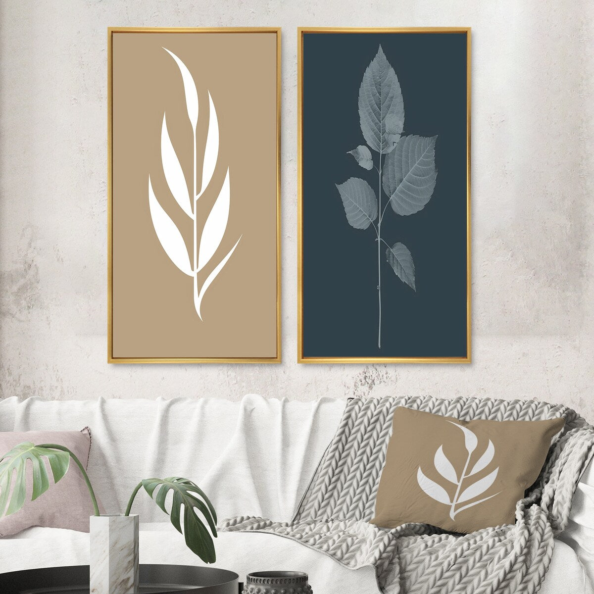 Designart "Minimal Botanicals Single Leaf On Beige" Flowers Framed Wall Art Traditional Gallery Wall Set For Home Decor