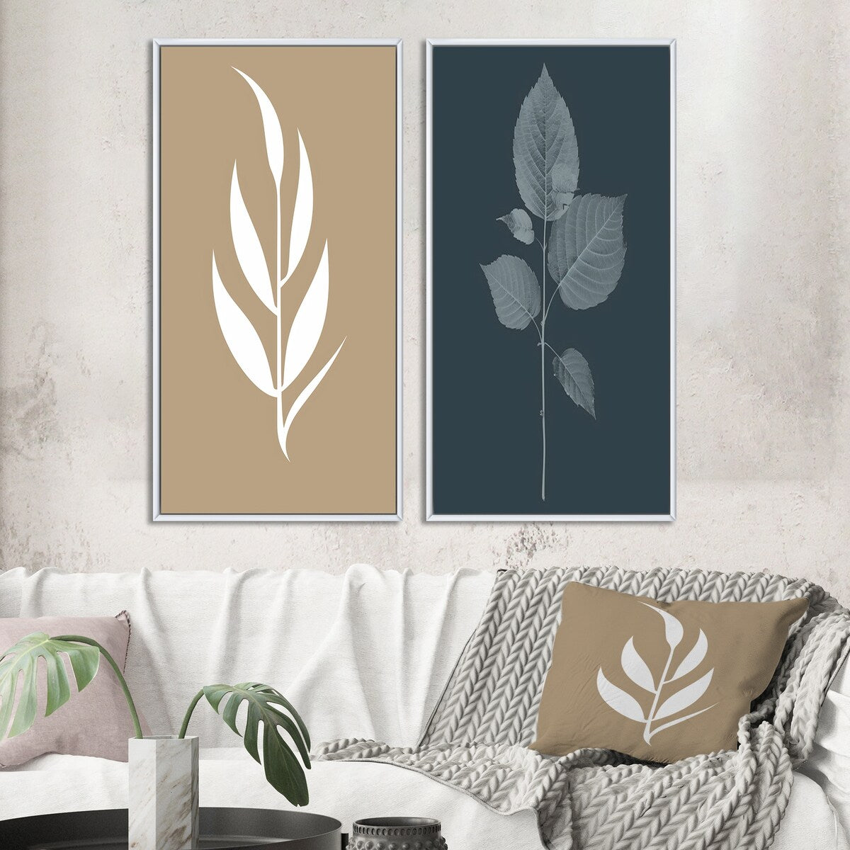 Designart "Minimal Botanicals Single Leaf On Beige" Flowers Framed Wall Art Traditional Gallery Wall Set For Home Decor