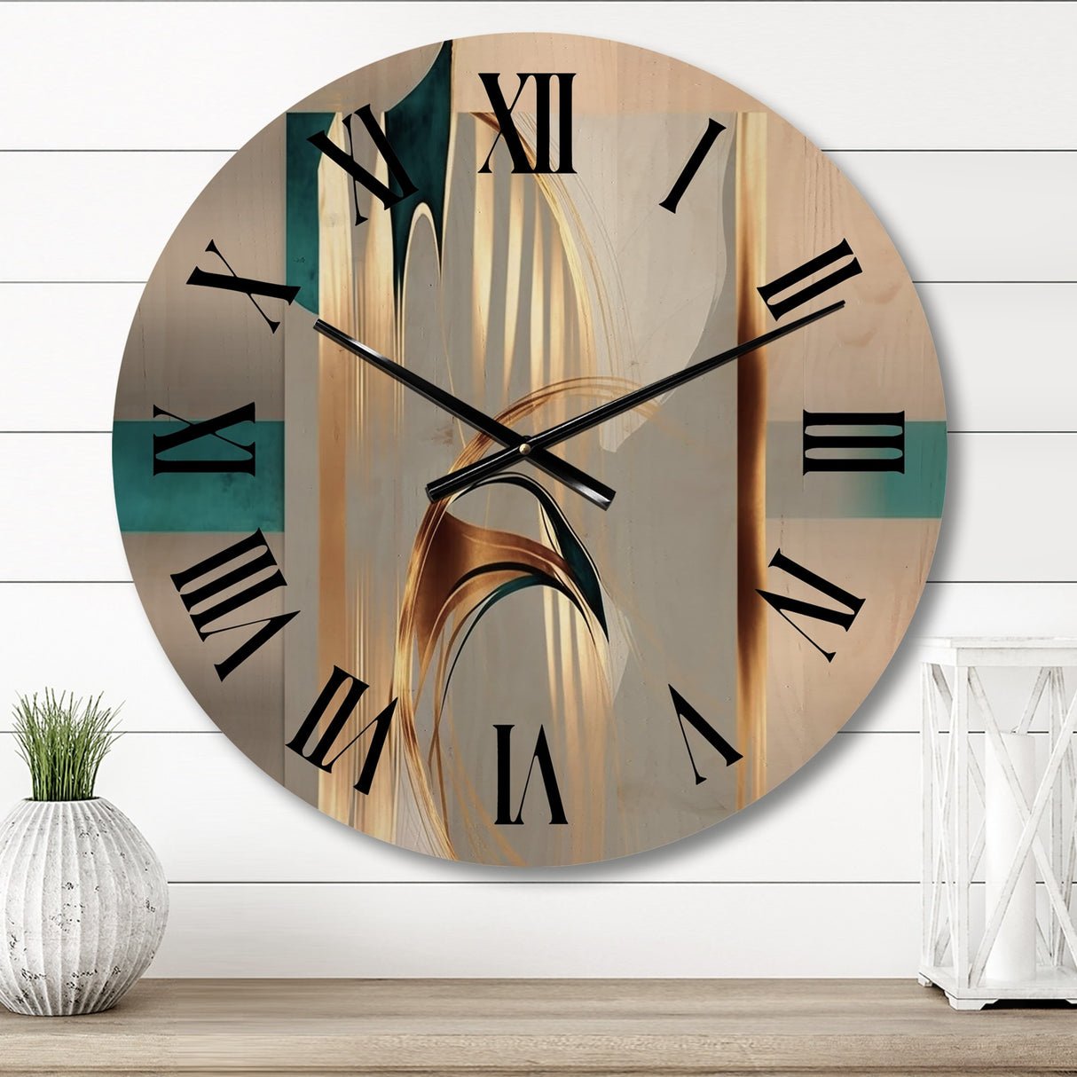 Designart "Minimal Gold Abstraction On Turquoise Horizon" Fractals Oversized Wood Wall Clock