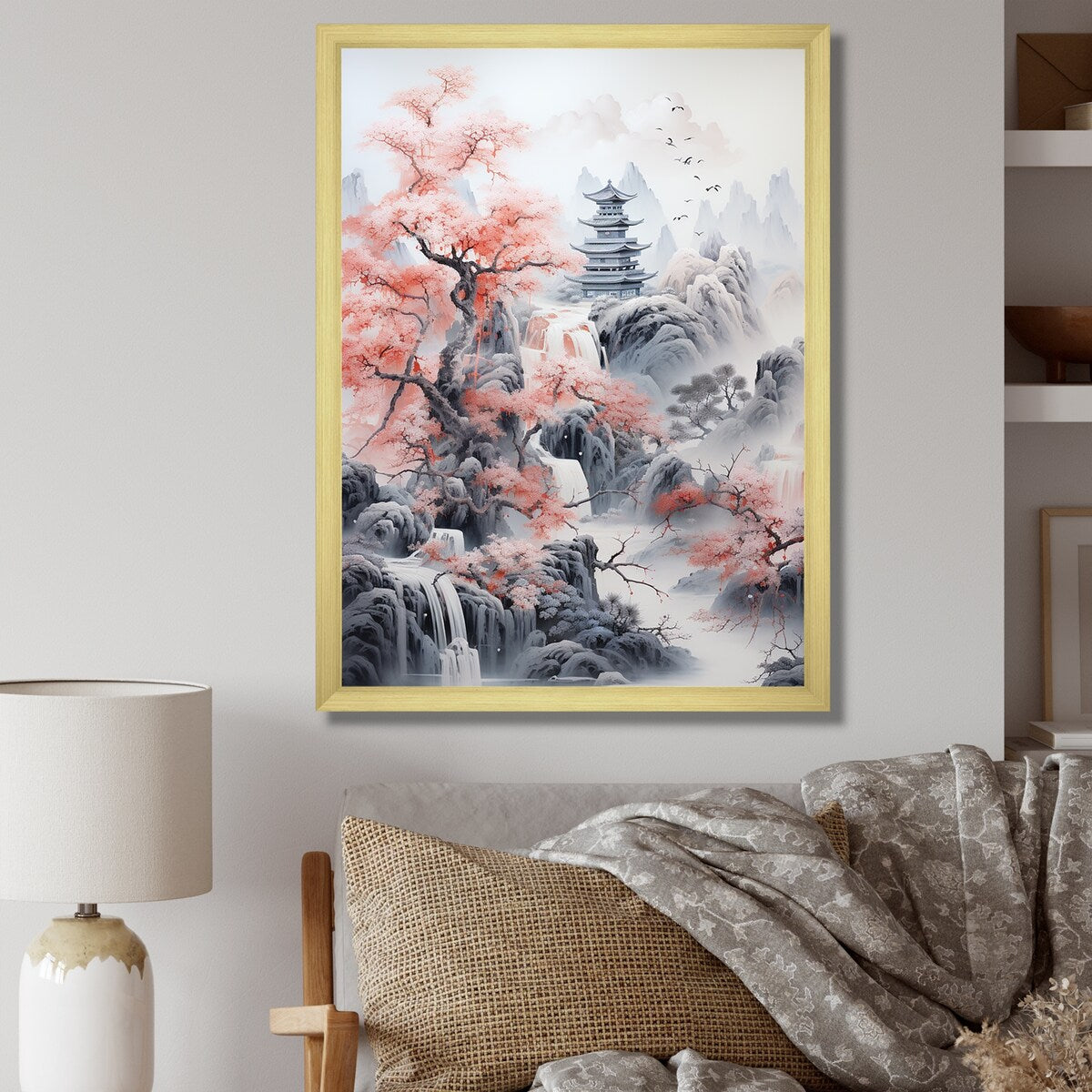 Designart "Minimalism Asian Pink Landscape" Asian Art Framed Wall Art Living Room