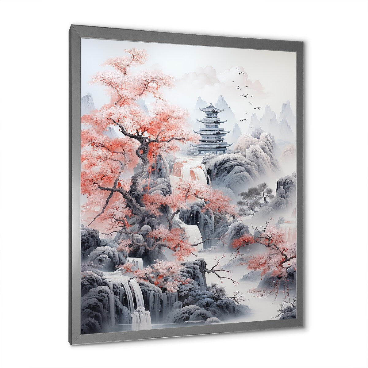Designart "Minimalism Asian Pink Landscape" Asian Art Framed Wall Art Living Room