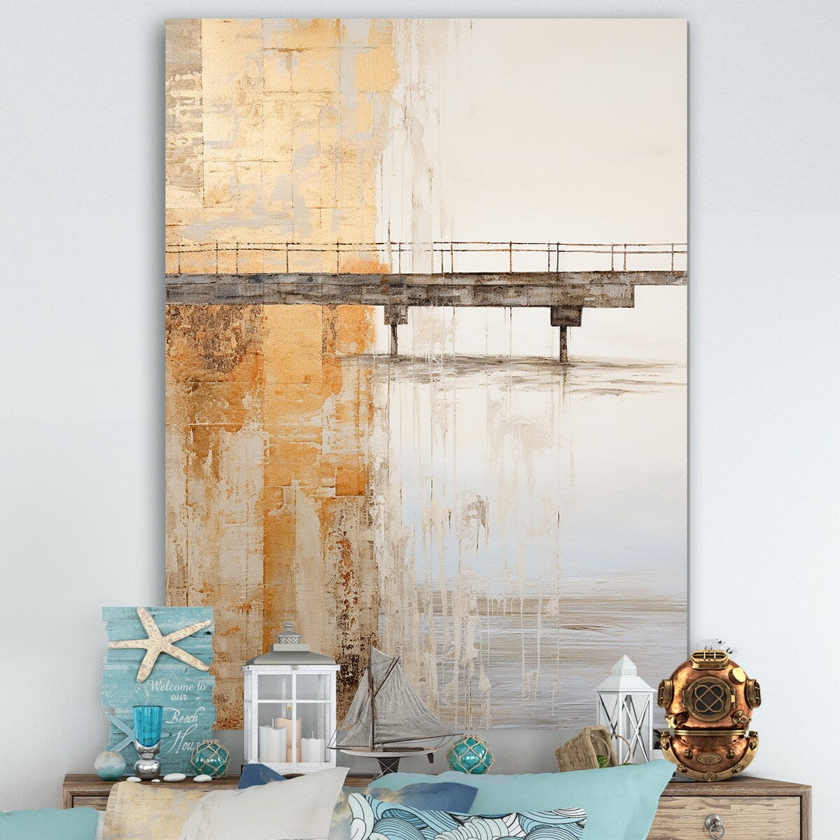Designart "Minimalism Beige Pier Horizon" Coastal Pier Wall Art