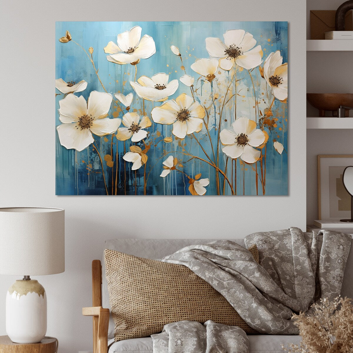 Designart "Minimalism Blue White Buttercups" Buttercups Wall Art