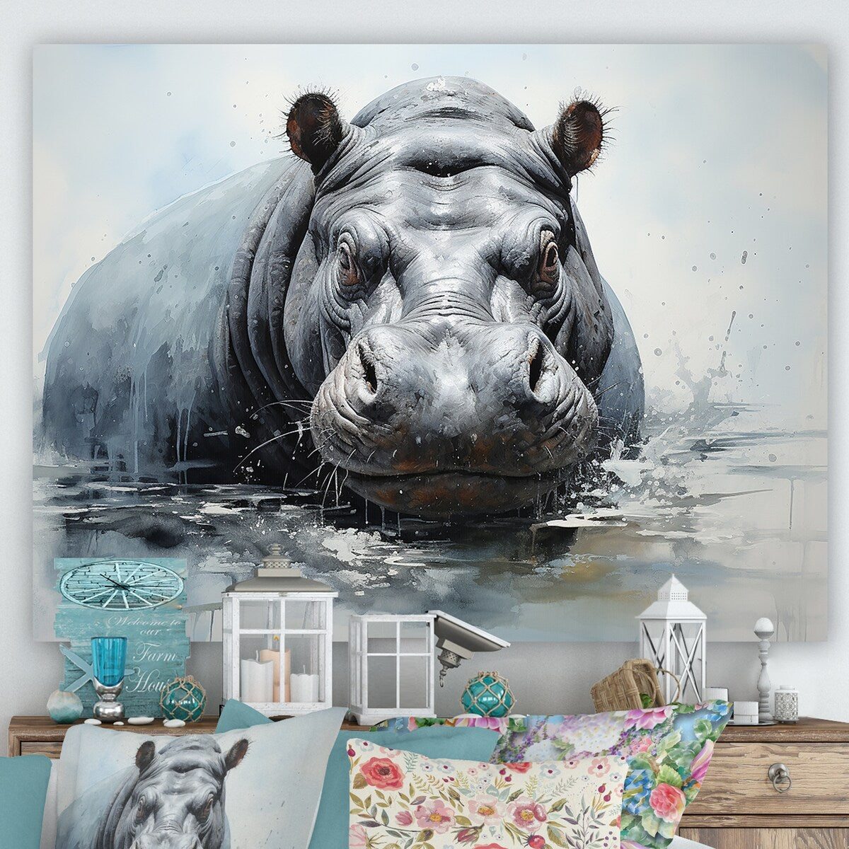 Designart "Minimalism Grey Hippo" Hippopotamuswall Art