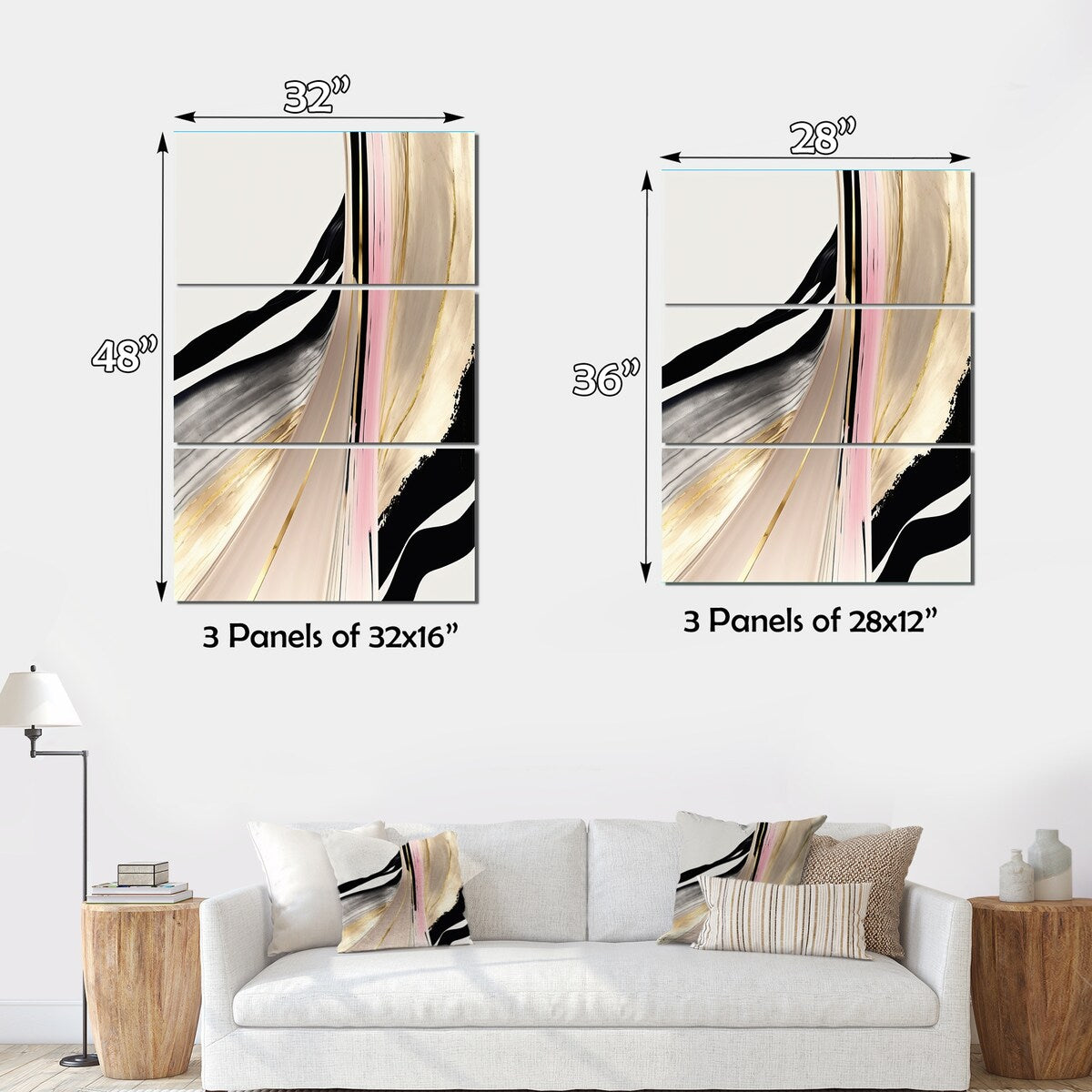 Designart "Minimalism Pink And Gold Cubic Fusion VII" Minimalism Canvas Art Print - 3 Panels
