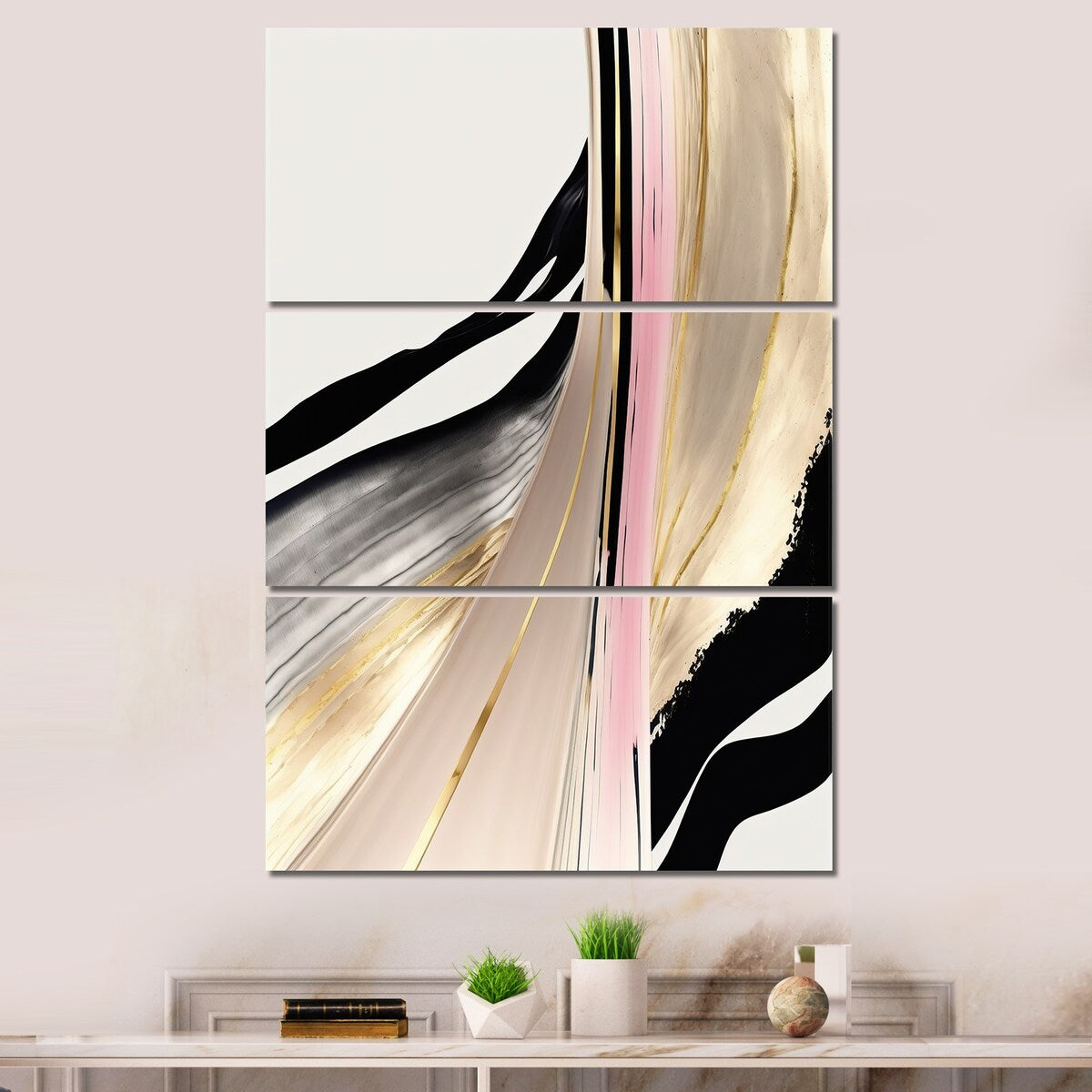 Designart "Minimalism Pink And Gold Cubic Fusion VII" Minimalism Canvas Art Print - 3 Panels