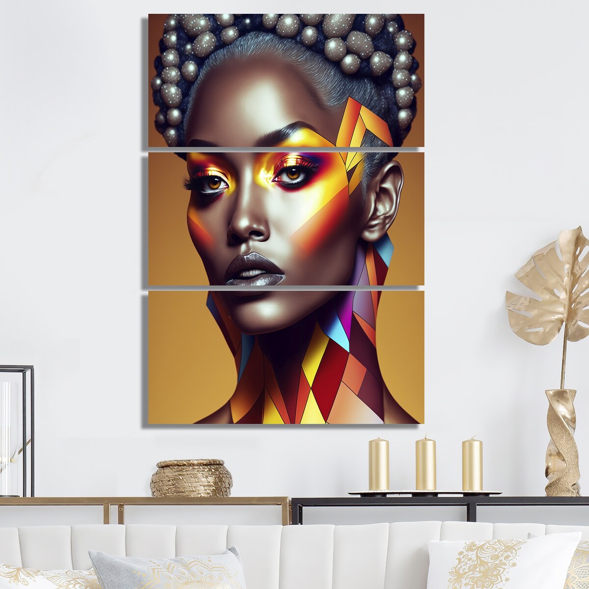 Designart "Model Wearing High Fashion Design On Yellow V" Woman Fashion Canvas Art Print - 3 Panels