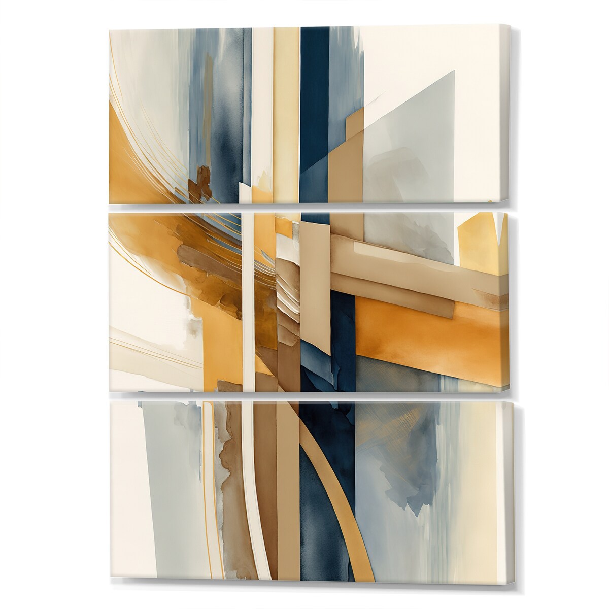 Designart "Modern Blue And Gold Abstract I" Modern Transitional Canvas Art Print - 3 Panels