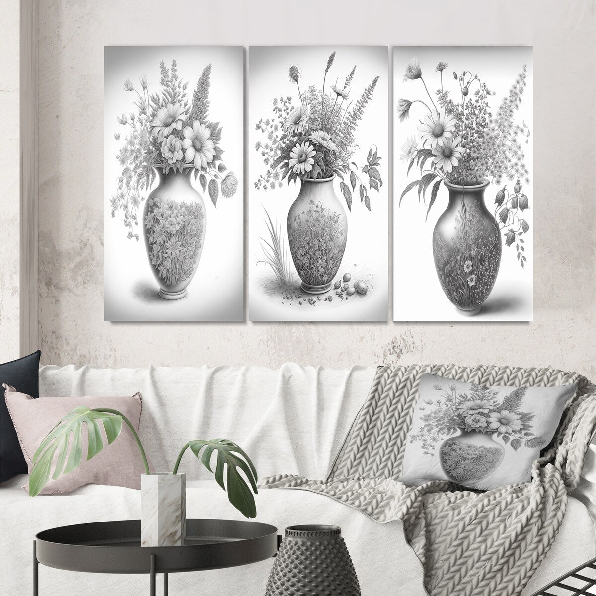Designart "Monochrome Black And White Pencil Still Life I" Floral Wall Art Set Of 3 - Canvas Set For Living Room Decor