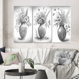 Designart "Monochrome Black And White Pencil Still Life I" Floral Wall Art Set Of 3 - Canvas Set For Living Room Decor