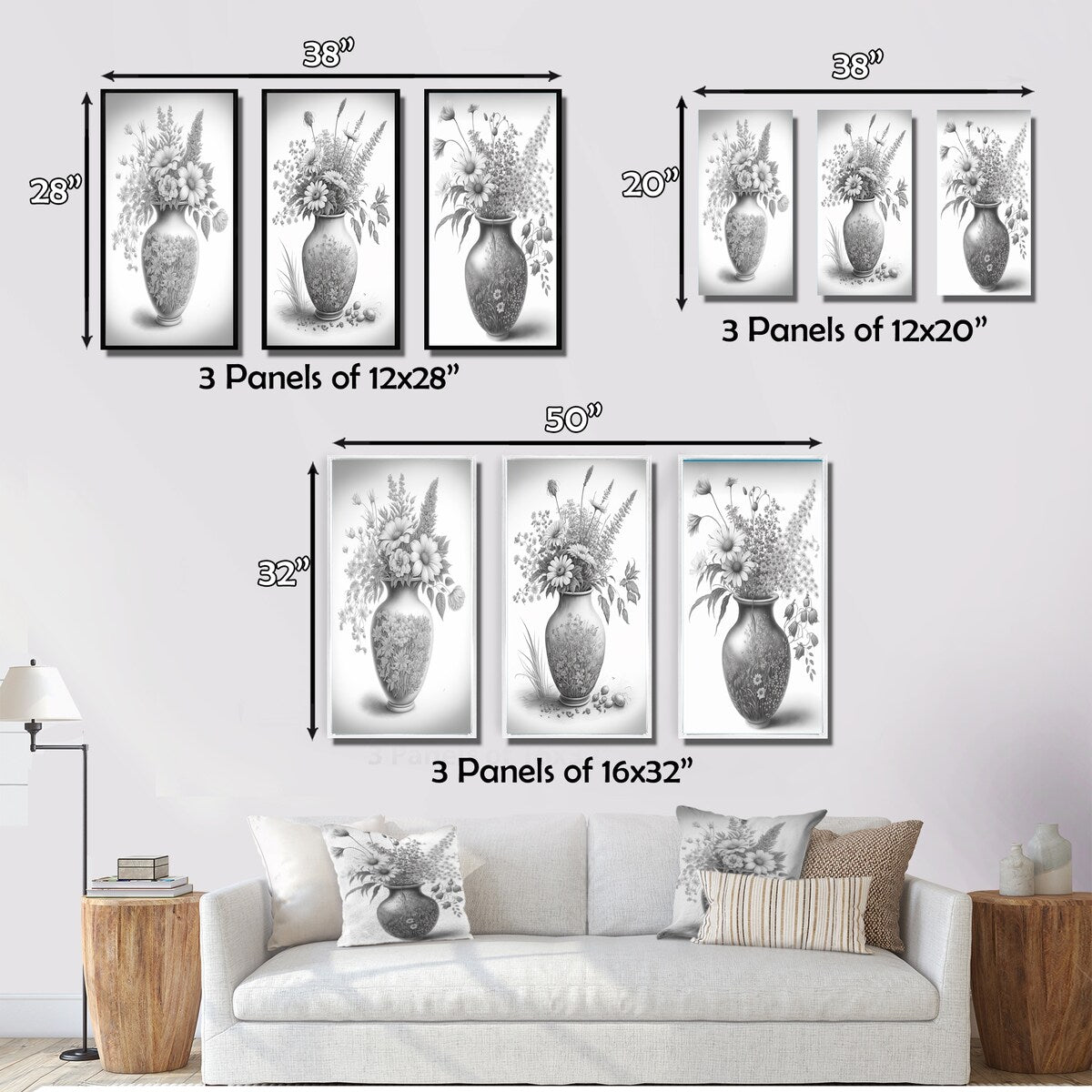 Designart "Monochrome Black And White Pencil Still Life I" Floral Wall Art Set Of 3 - Canvas Set For Living Room Decor