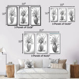 Designart "Monochrome Black And White Pencil Still Life I" Floral Wall Art Set Of 3 - Canvas Set For Living Room Decor