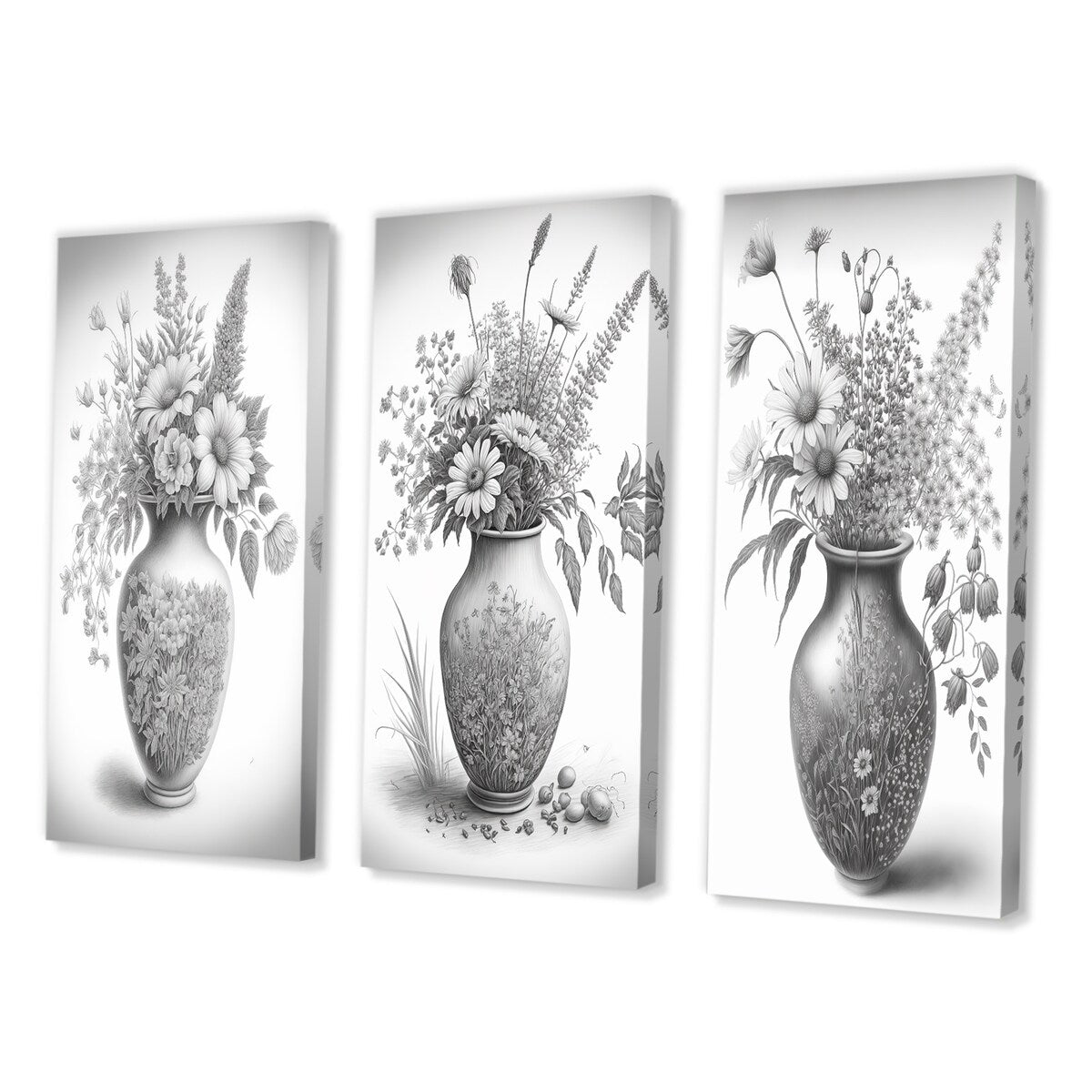 Designart "Monochrome Black And White Pencil Still Life I" Floral Wall Art Set Of 3 - Canvas Set For Living Room Decor