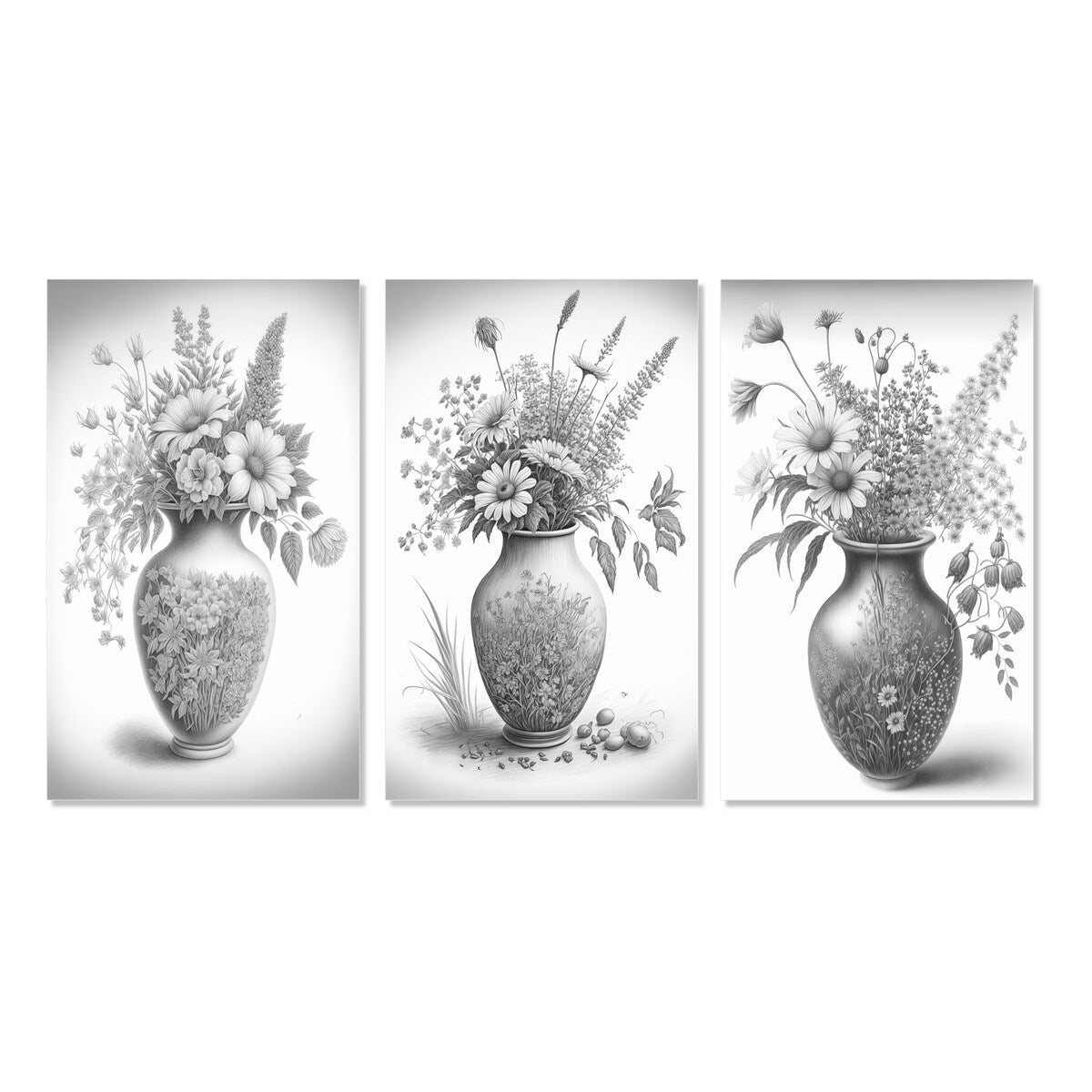 Designart "Monochrome Black And White Pencil Still Life I" Floral Wall Art Set Of 3 - Canvas Set For Living Room Decor