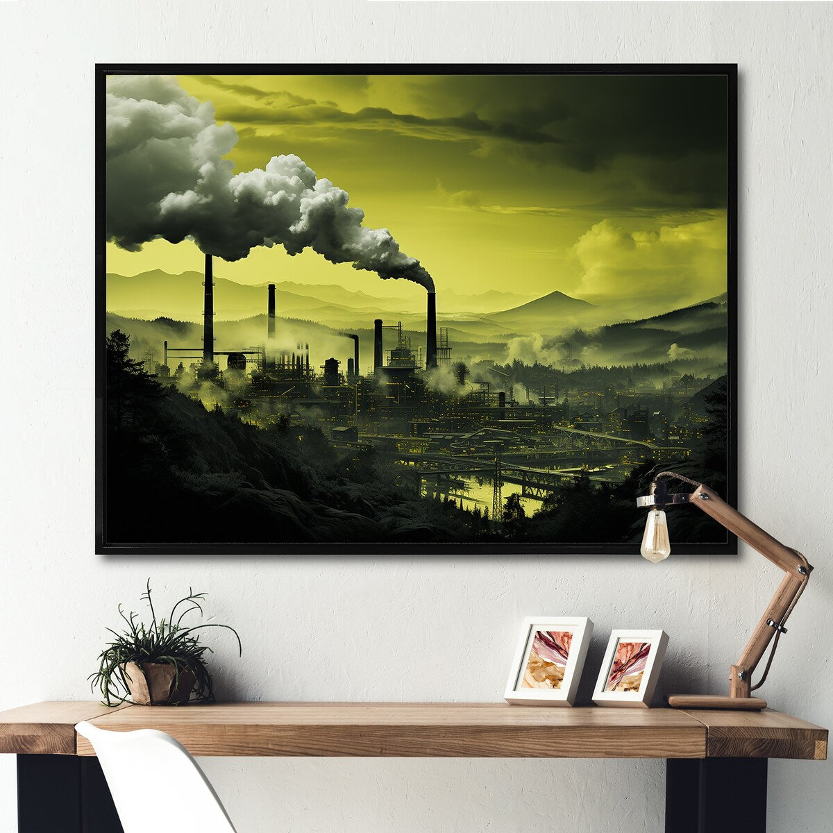 Designart "Monochrome Factory Chimney Landscape I" Factories Framed Wall Decor