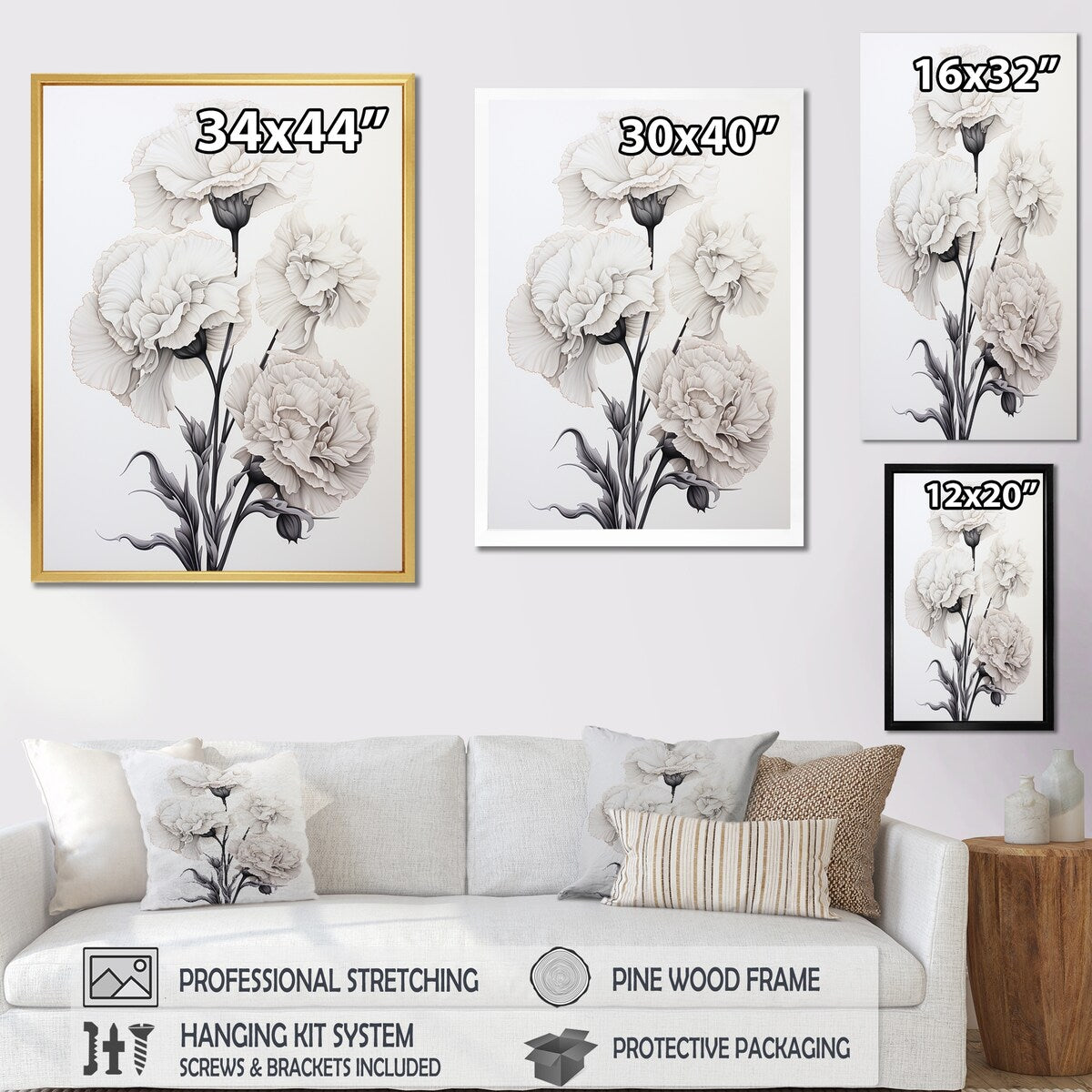 Designart "Monochrome Minimalism Carnations " Carnations Wall Art