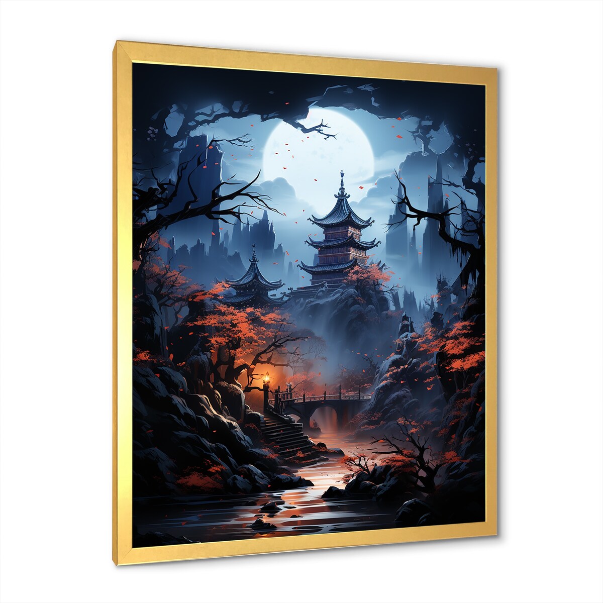 Designart "Moonlit Cliffside Mistery Landscape III" Moon Wall Decor Blue - Global Bedroom Framed Canvas Wall Art