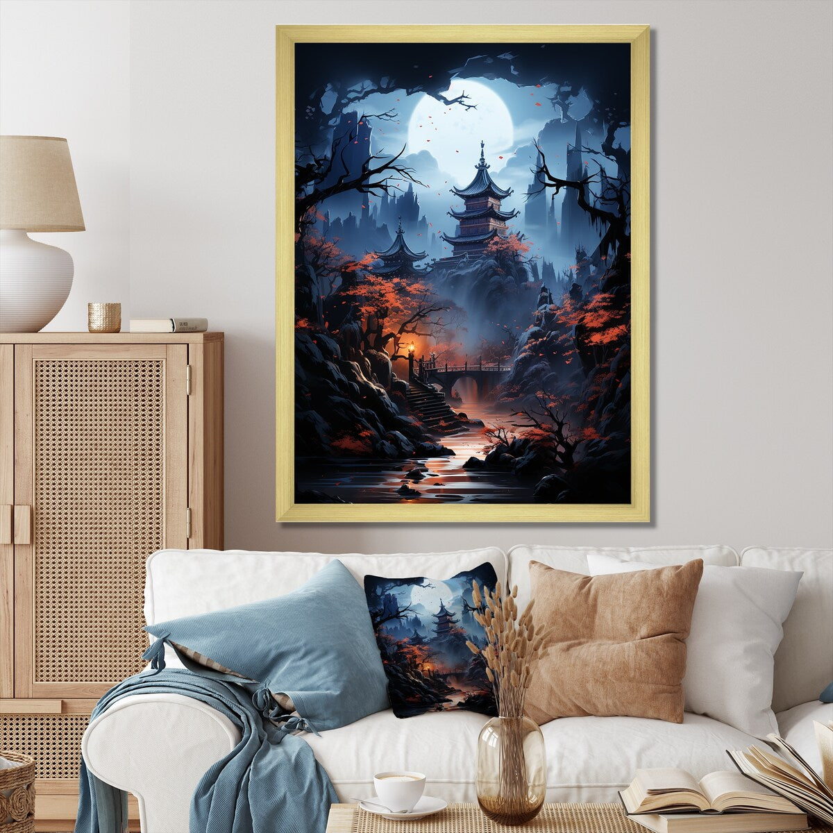 Designart "Moonlit Cliffside Mistery Landscape III" Moon Wall Decor Blue - Global Bedroom Framed Canvas Wall Art