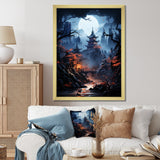 Designart "Moonlit Cliffside Mistery Landscape III" Moon Wall Decor Blue - Global Bedroom Framed Canvas Wall Art