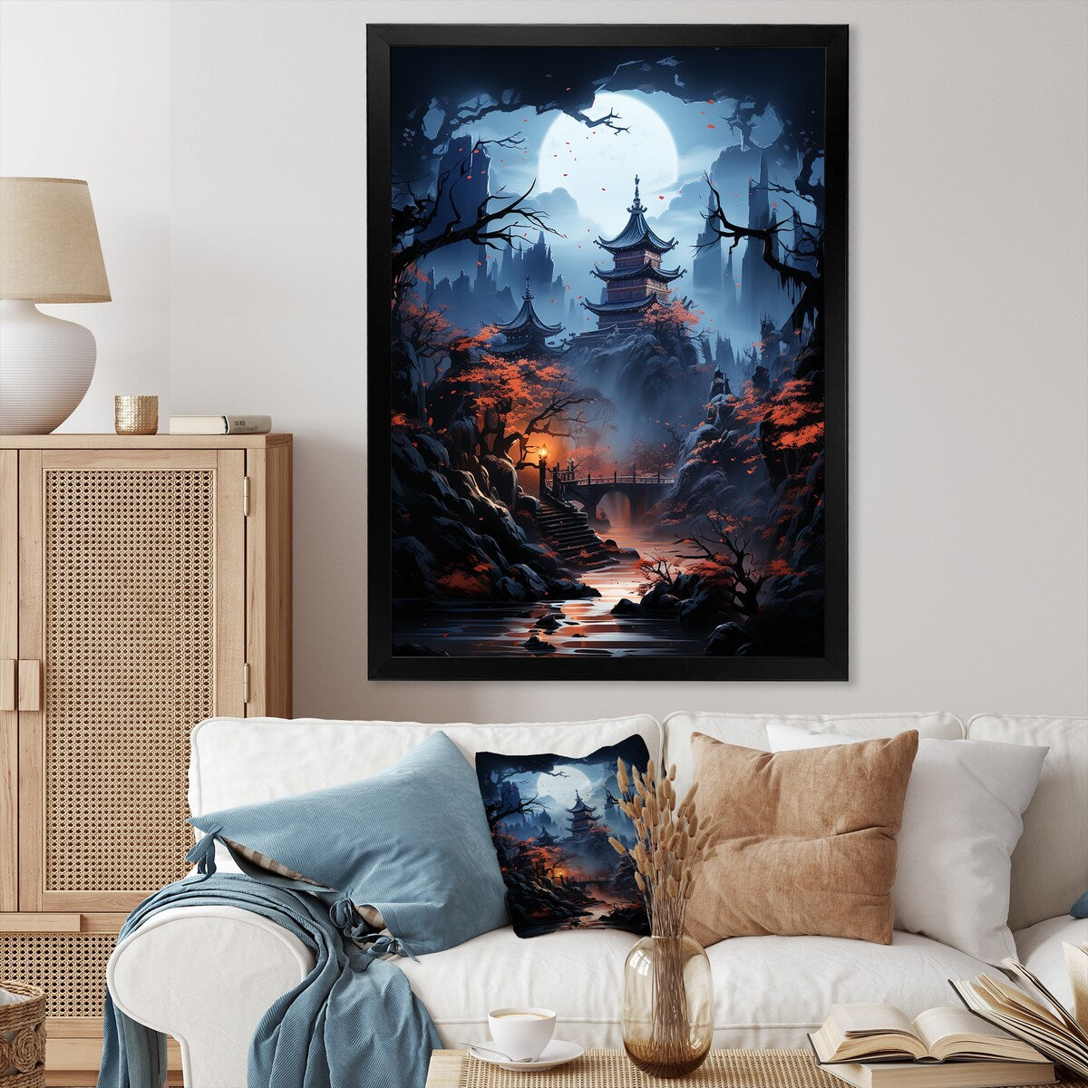 Designart "Moonlit Cliffside Mistery Landscape III" Moon Wall Decor Blue - Global Bedroom Framed Canvas Wall Art