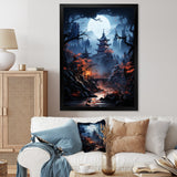 Designart "Moonlit Cliffside Mistery Landscape III" Moon Wall Decor Blue - Global Bedroom Framed Canvas Wall Art