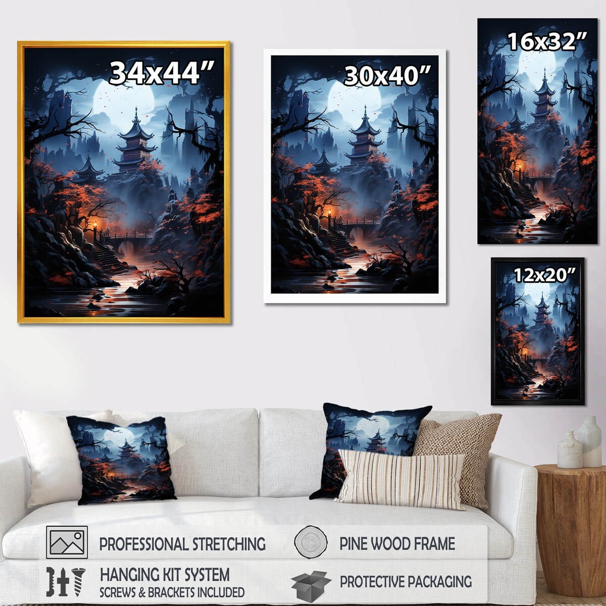 Designart "Moonlit Cliffside Mistery Landscape III" Moon Wall Decor Blue - Global Bedroom Framed Canvas Wall Art