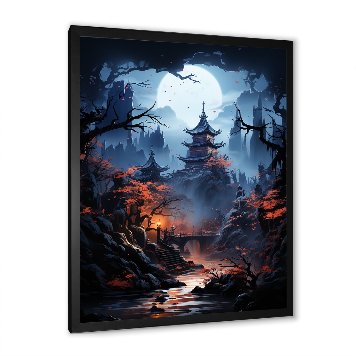 Designart "Moonlit Cliffside Mistery Landscape III" Moon Wall Decor Blue - Global Bedroom Framed Canvas Wall Art