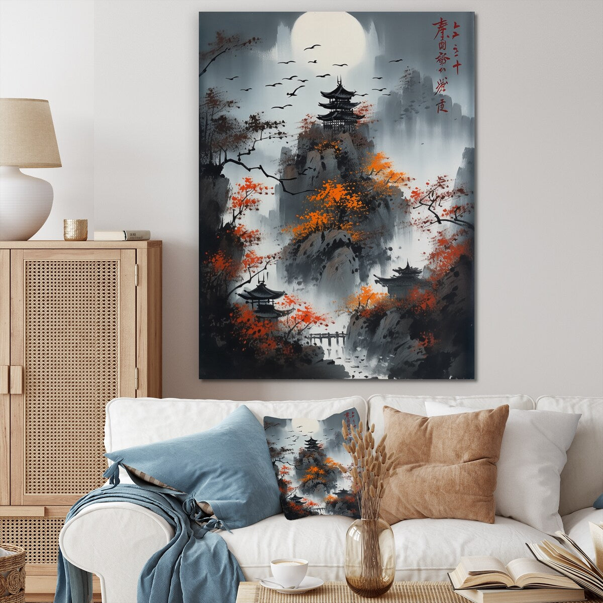 Designart "Moonset And Japonese Maple Tree I" Japon Landscape Wall Art Prints