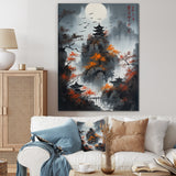 Designart "Moonset And Japonese Maple Tree I" Japon Landscape Wall Art Prints