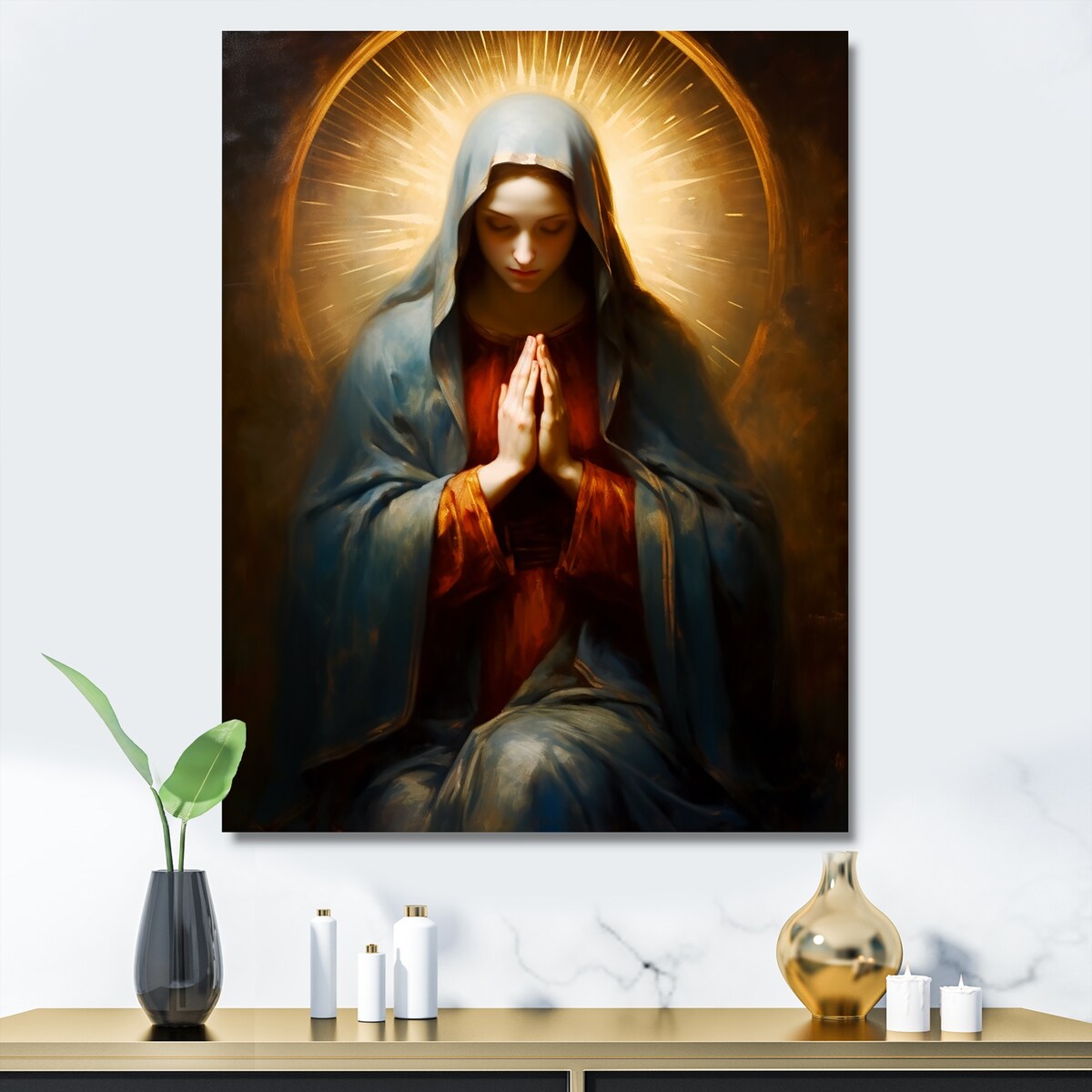Designart "Mother Mary Christian Portrait II" Christianism Wall Art Gold - Traditional Wall Art Décor For Bedroom