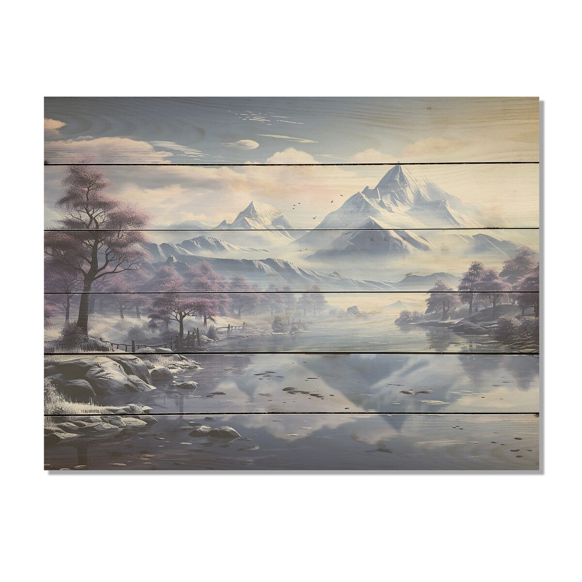 Designart "Mountain Blue Peak Harmonies" Mountains Wood Wall Decor Traditional Purple Wood Panel On Natural Pine Wood